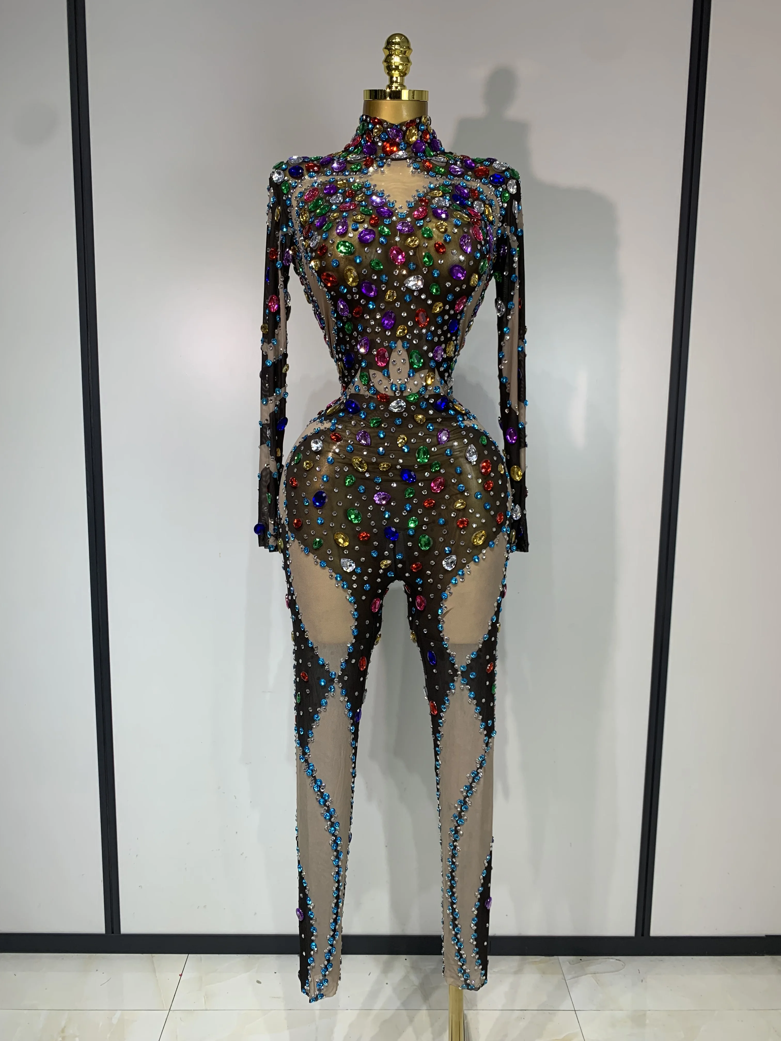 

Красочный комбинезон с принтом и стразами, европейский и американский сексуальный облегающий сетчатый костюм для сцены и вечеринок