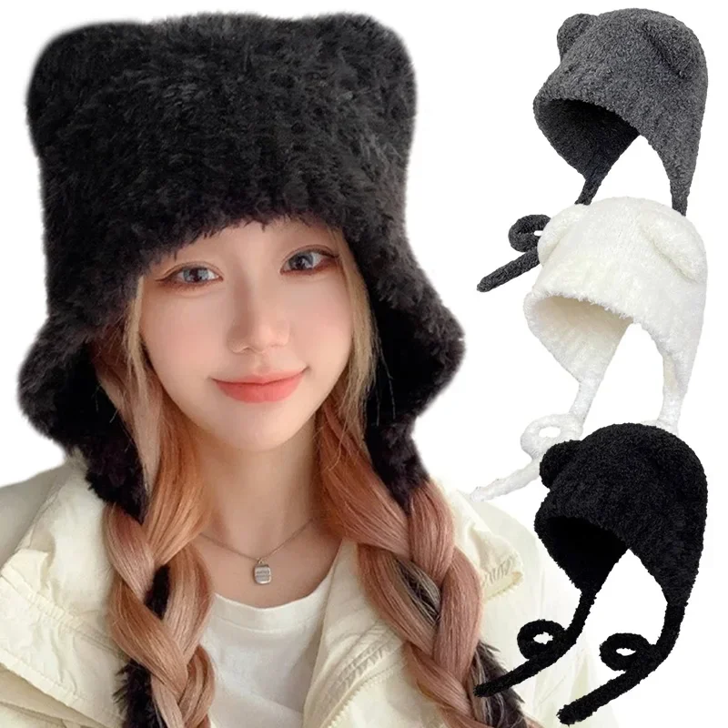 Cute Bear Ear Wool Hat Winter Beanies Warm Lace-up Ear Protection Knitted Bomber Cap Bonnets Knitting Korea Women Plush Gorros