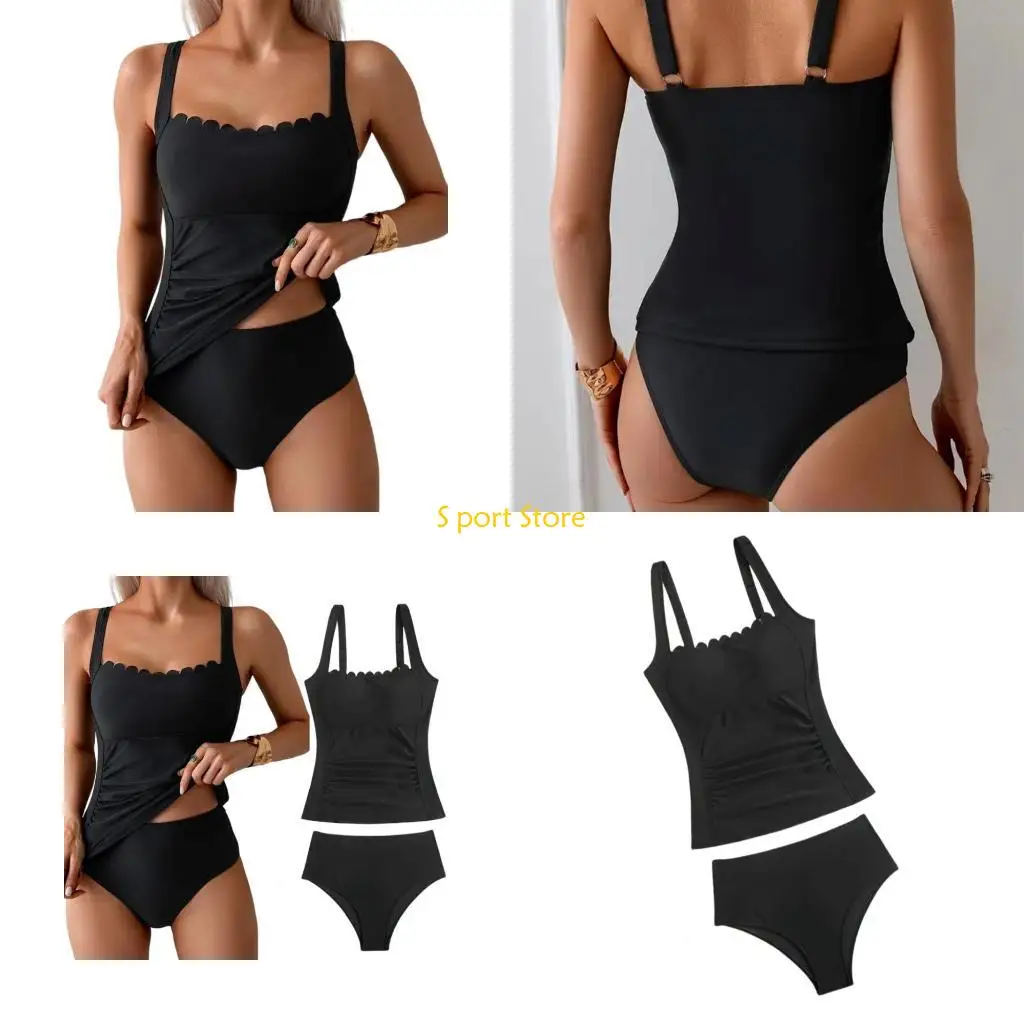 U2JB 2 Piece Tankini Swimwears for Women with Ruched Swim Top and High Waist Briefs 2 Piece Waved Edging Bathing Suit Set