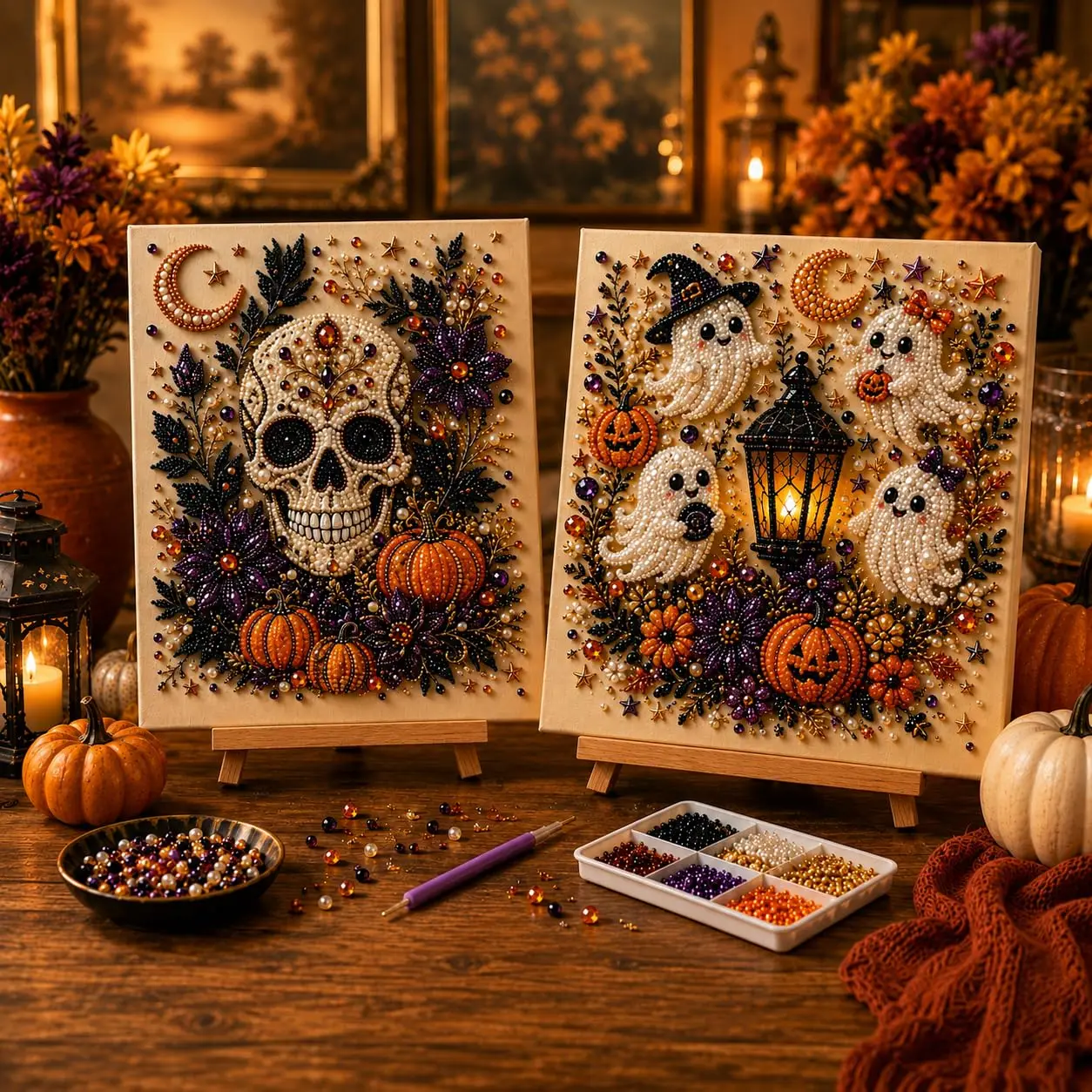 1/2 Set Halloween Geister & Kürbis 3D Perlen-Kunst DIY-Set für Erwachsene Niedliches Gruseliges Diamant-Malerei Bastelset