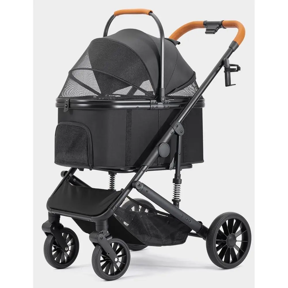 Carrinho dobrável para animais de estimação de 4 rodas para cães pequenos a médios de até 60 libras, transportador removível, adequado para 2 animais de estimação, cesta de armazenamento, brea