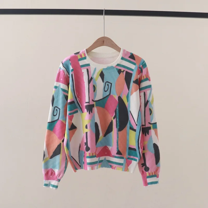 Korea Fashion Colorful Geometric Pattern Print Sweater Women Pullover Tops Graphic Sweaters Autumn Winter Jumper Trendy Knitwear