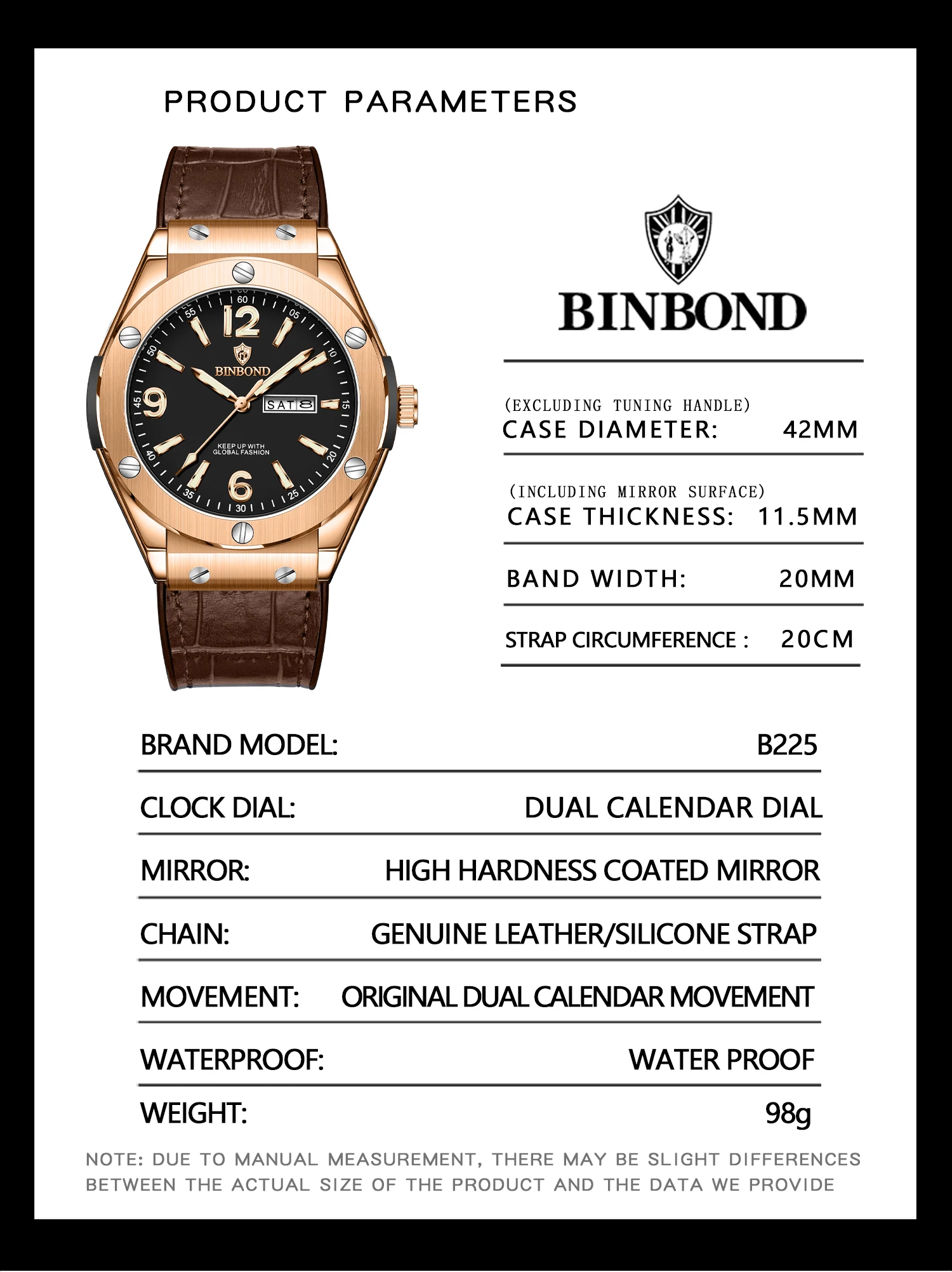 BINBOND جديد 225 ساعة كوارتز رجالية عصرية فاخرة مقاومة للماء تقويم مزدوج ضوء الليل ساعة كوارتز رجالية مخصصة