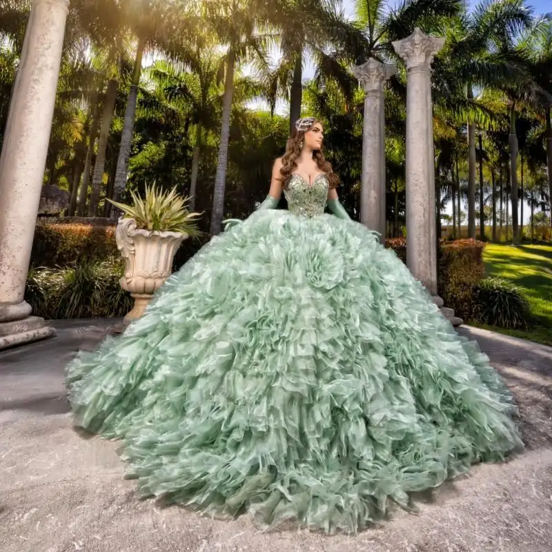 

Customized Mint Green Off Shoulder Quinceanera Dress crystal layering Tull vestidos de 15 Quinceanera ﻿