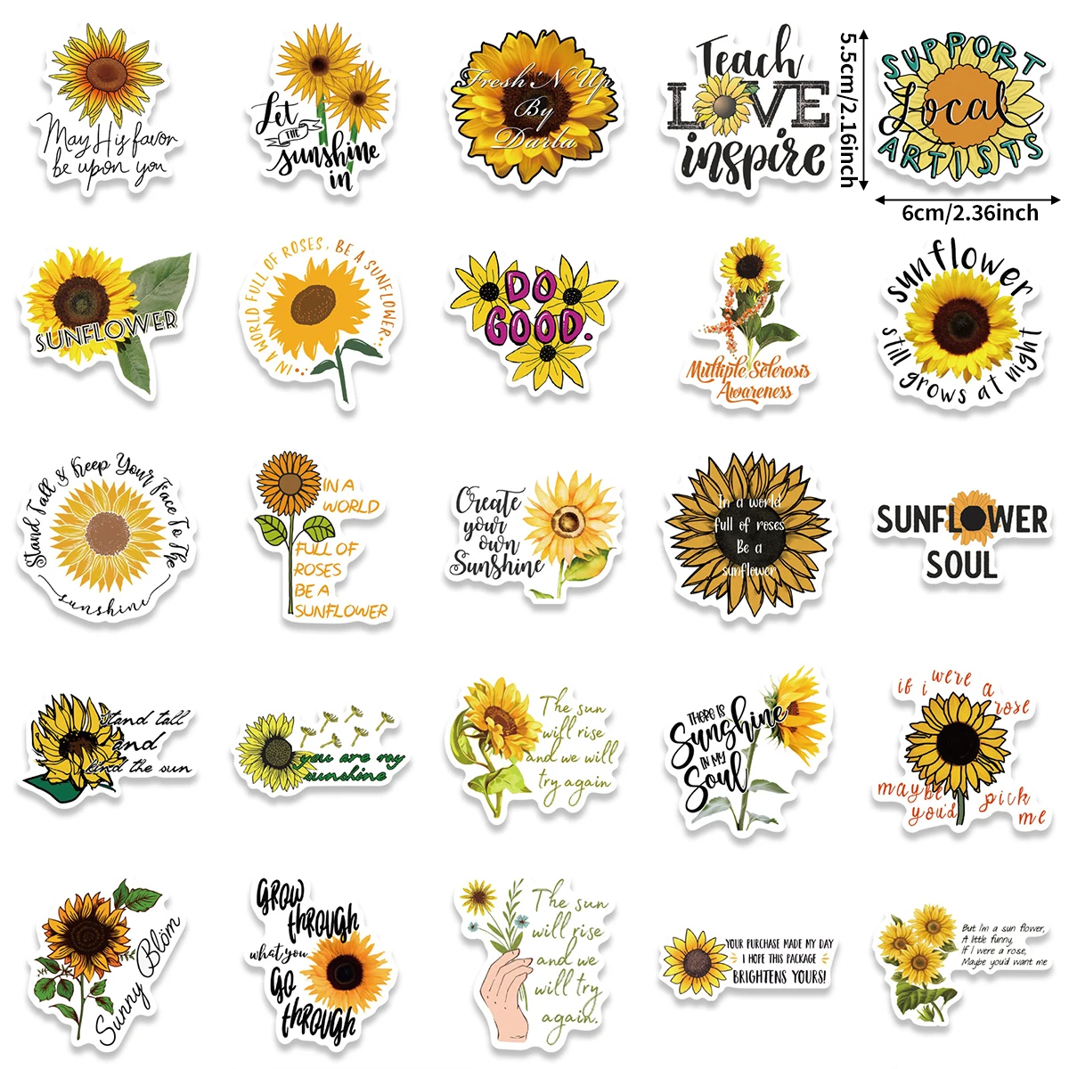 50 Sunflower Inspirational Stickers, Fresh and Healing Style, Sunflower English Positive Quotes Elements, Journal DIY Decoration Materials