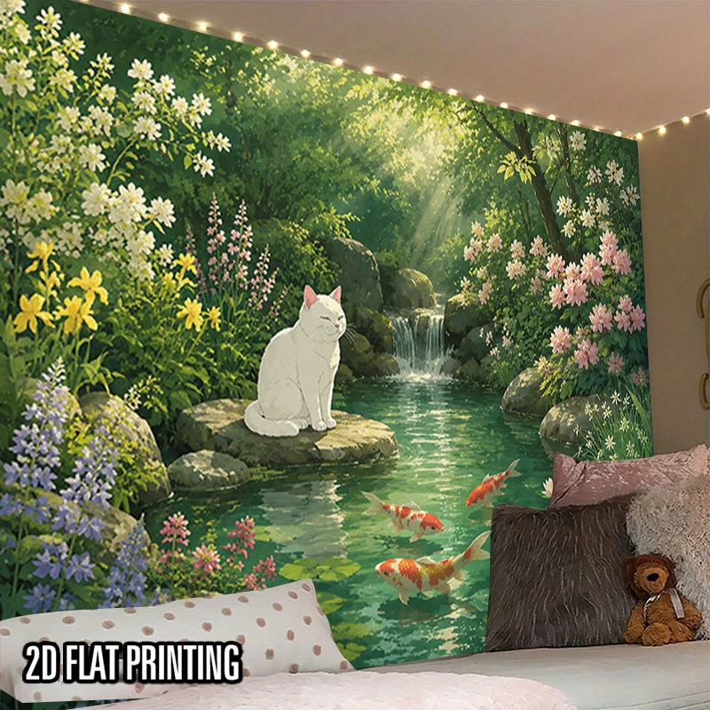 Forest Cat Wall Tapestry White Cat Koi Fish Stream Waterfall Wildflower Stone Green Leaf Nature Art Hanging Living Room Bedroom