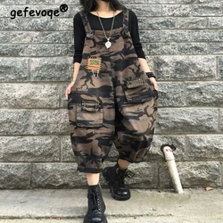 Women's Vintage Camouflage Baggy Overalls Jeans Y2K Streetwear Oversized Straps Denim Jumpsuit Female Casual Sleeveless Rompers