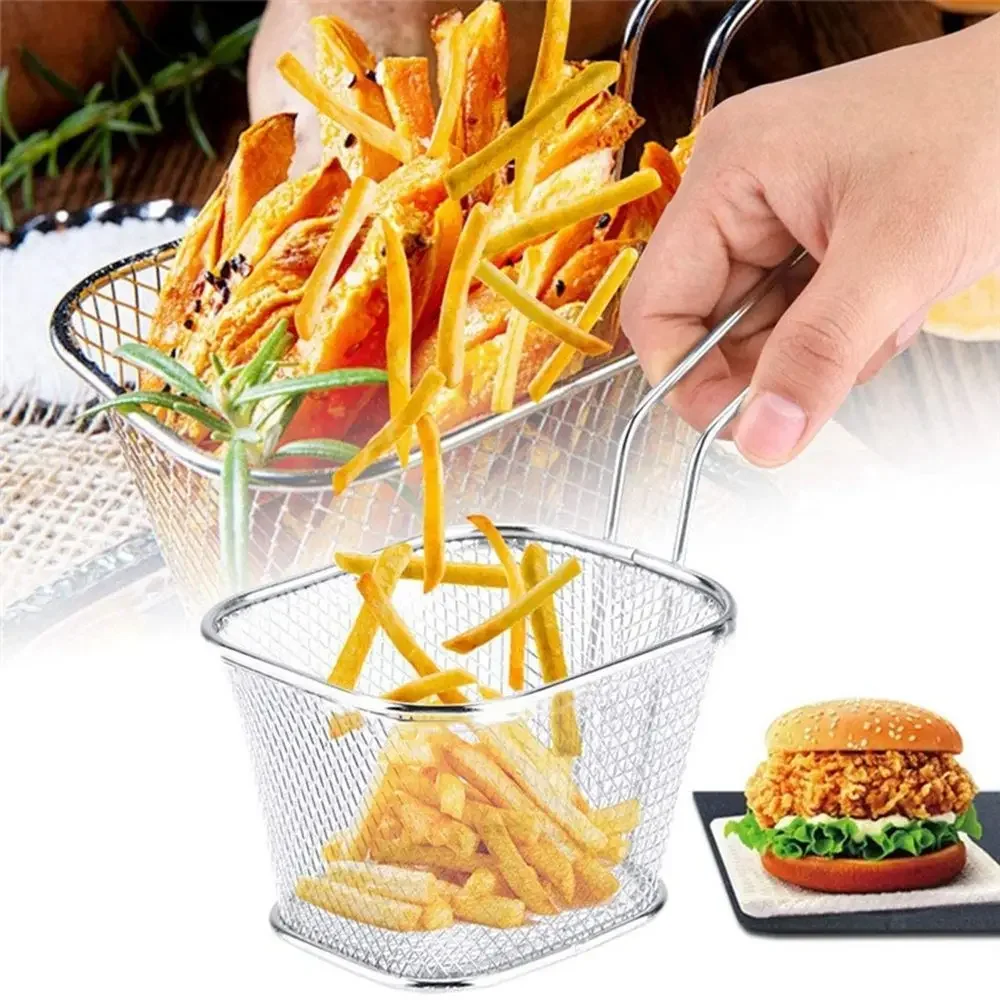 Mini Square Fry Basket Metal French Fries Chips Holder with Handle Desk Food Presentation Mesh Basket Kitchen Accessories Tools