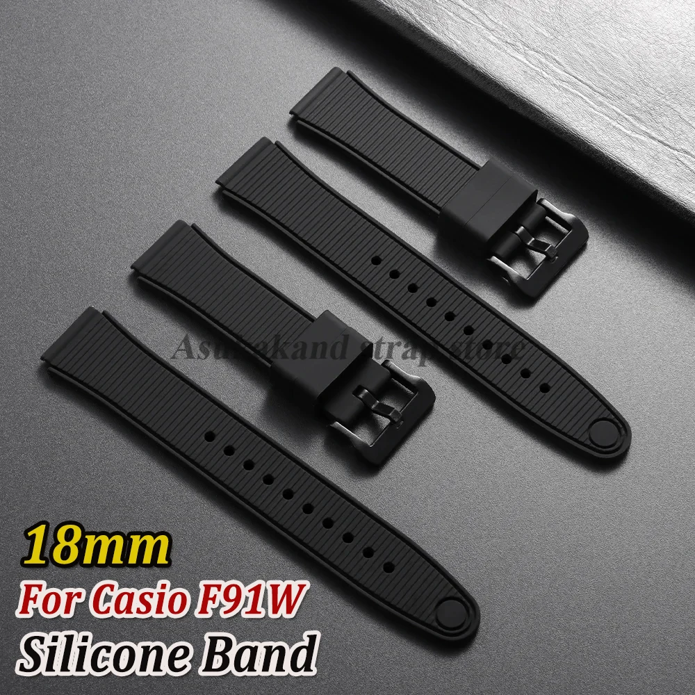 Black Silicone Watch Band 18mm for Casio for F91W Strap Small Square Men Waterproof Sports Soft Rubber Watch Strap Accessories