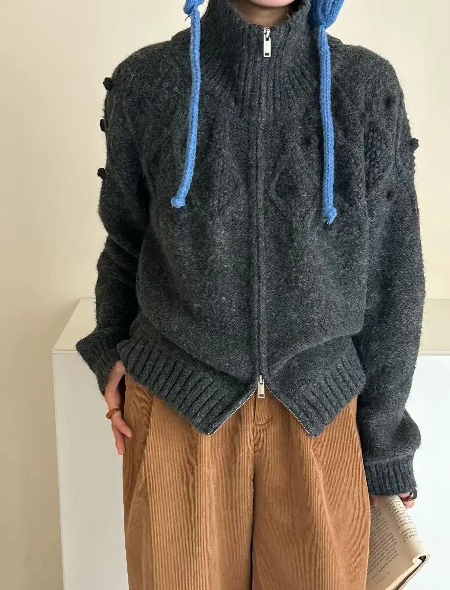 Kardigan Rajut Kerah Tinggi Bergaya Retro dengan Ritsleting Ganda dan Ujung Berlipat untuk Musim Gugur-Dingin