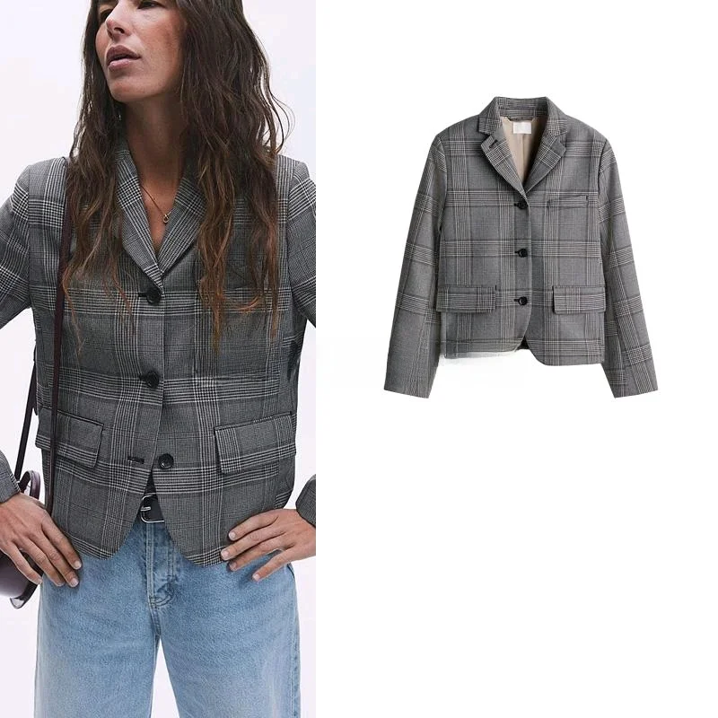 

Spring New Arrival Casual Long Sve V-Ne Single Button Women's Suit Jaet Loose Fit Commute Sle Plaid Pattern