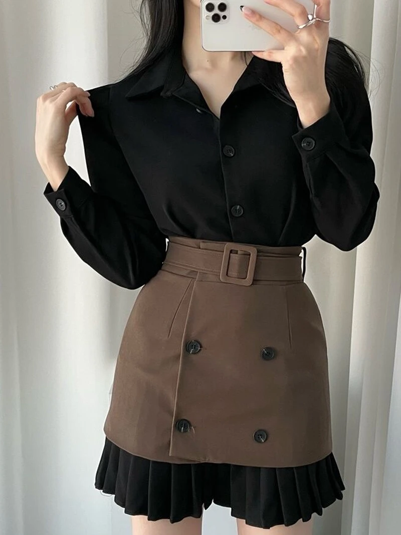 

Chic Vintage Collared Bubble Sve irt Skirt Set Women's Waist Cinching Slimming f-length Spring Autumn Outfit