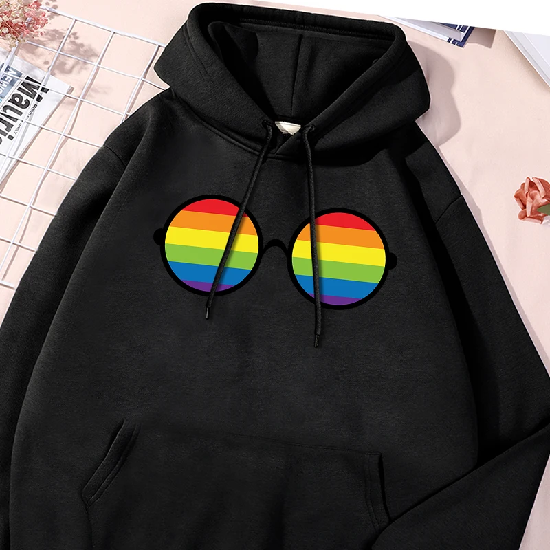 Rainbow Glasses Printed Hoodie Men'S Fashion Machine Washable Sweatshirts Unisex Fleece Hoodies Streetwear Comfortable Clothes