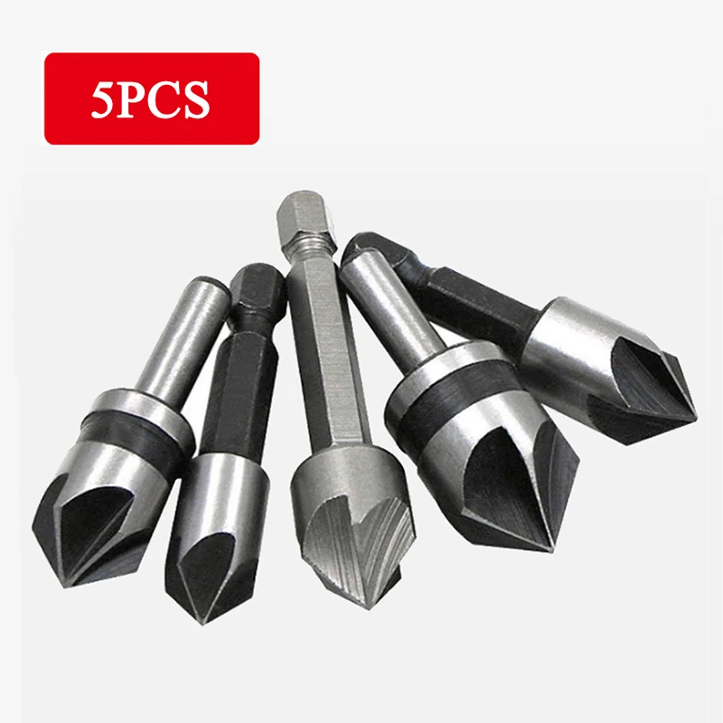 3pcs/5pcs Set of 6-13mm Five Blade Round Shank Chamfering Drill Bits, Used for Woodworking and Metal Drilling Tools