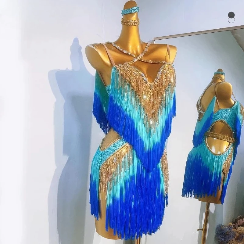 Latin Dance Splicing Fringe Dress Women Customsized Senior AB Stones Performance Clothing Tango Cha Dancing Professional Dresses