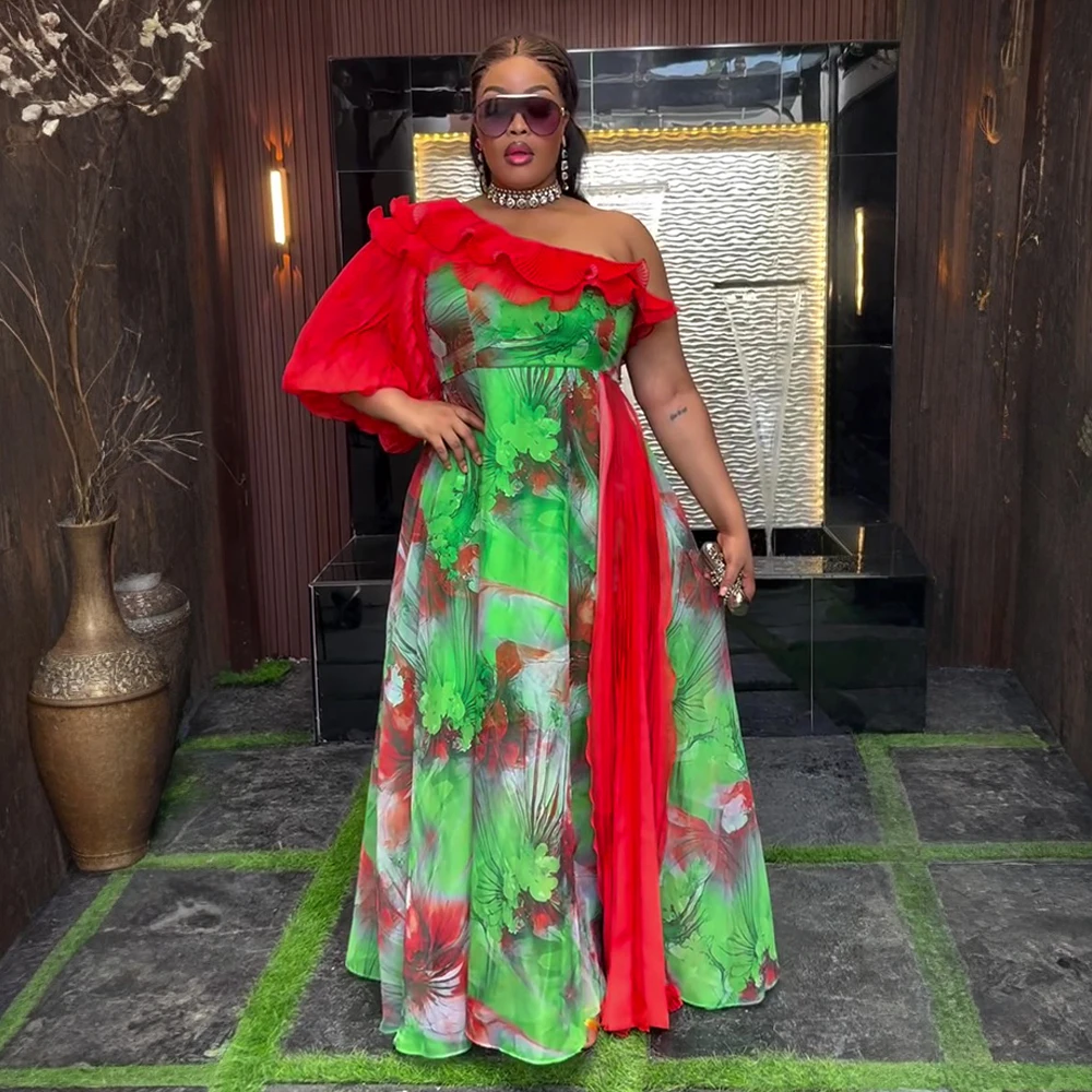 

Elegant African Dresses for Women One Shoulder Evening Party Long Dress Plus Size Turkey Muslim Print Chiffon Maxi Robe 2025