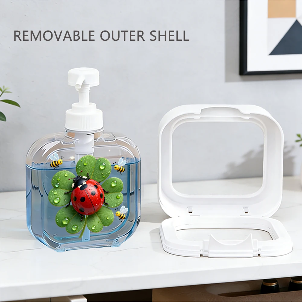 Fresh Nature Style Soap Dispenser Ladybug Four‑Leaf Clover Bee Dew Drop Print Pattern for Bathroom Kitchen Home Decor Daily Use