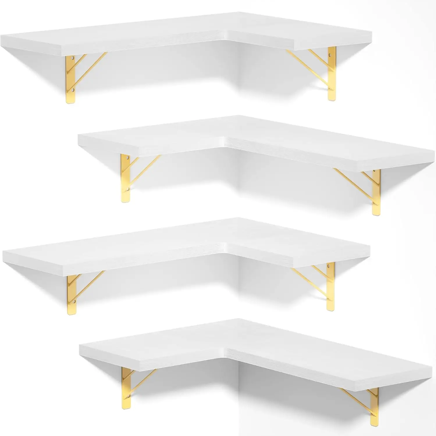 

Corner Shelf Wall Mt,Floating Wall Shelves for Strg,Rustic Wood Hanging Shelves for Disp,Bed Bath Living Rm Kit,Set 4,White