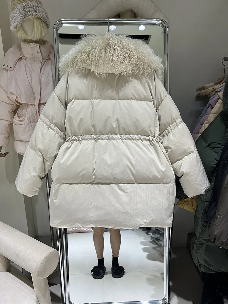 

Lamb 2023 Collar Winter Wool Large Real Puffer Jacket Women 90% White Duck Down Coat Hight Waist Loose Snow Warm Parkas