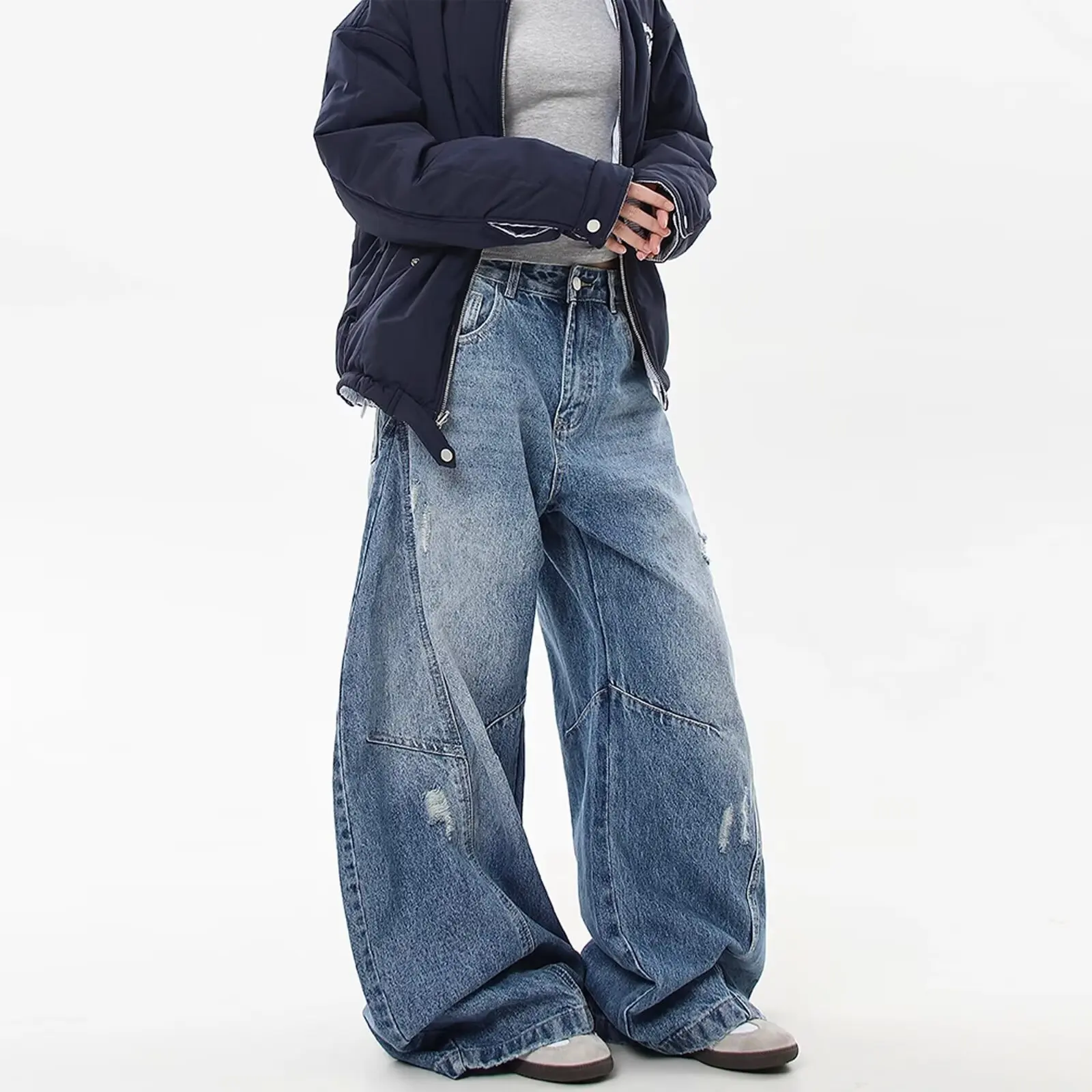 2026 New American Vintage Curved Knife Jeans Ripped Wide Leg Loose Silhouette Tailoring Niche Design Casual Denim Trousers