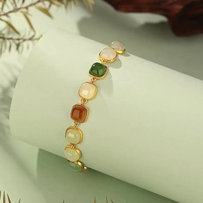 

Tiqia Real Shot Multi-Gem Hetian браслет женский S925 стерлингового серебра маленький сахарный куб нефрит ювелирные изделия