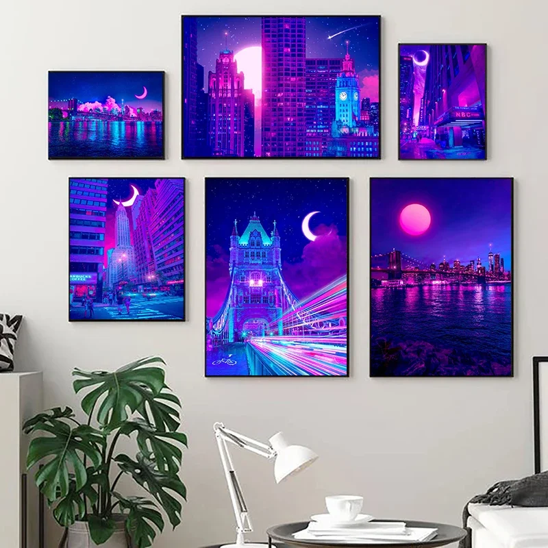 1pc frameless canvas painting 1pc frameless Night City Street Midnight Matsuri Pink  Pop New York City Moon Light Wall Art  Kawa