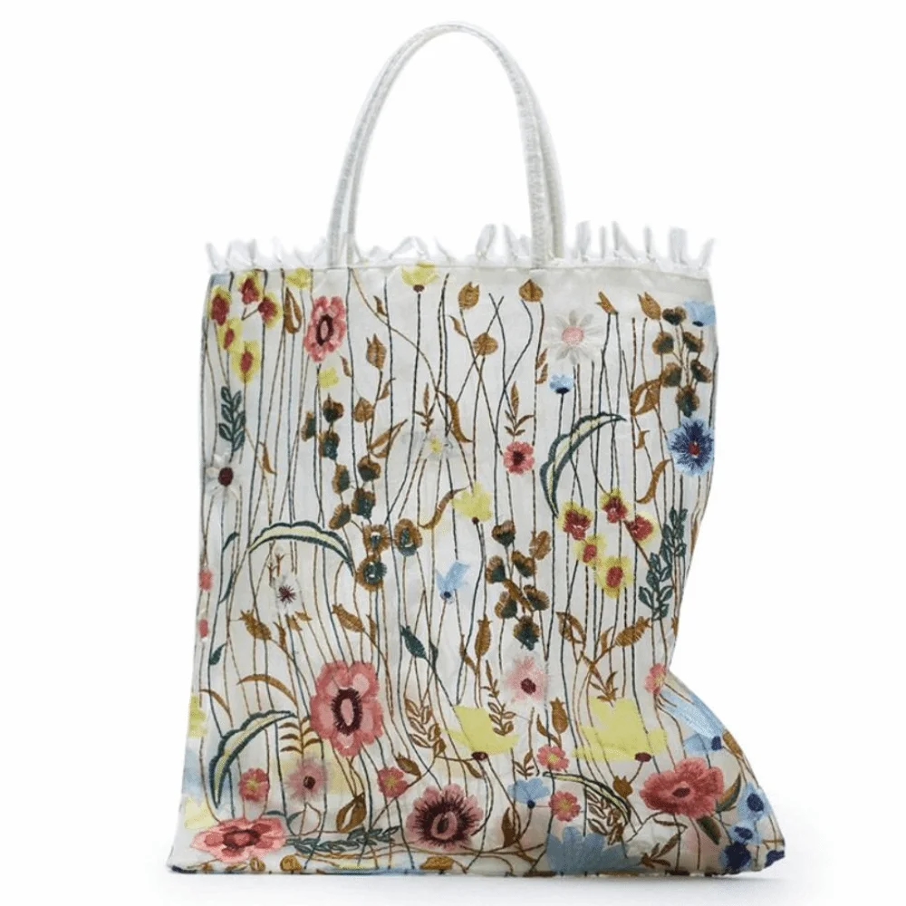 

Camellia Flower Embroidery Cloth Bag Lace Tote Bag Canvas Shoulder Bag Grocery Handbags Large Capacity Ethnic Style Bag Girls