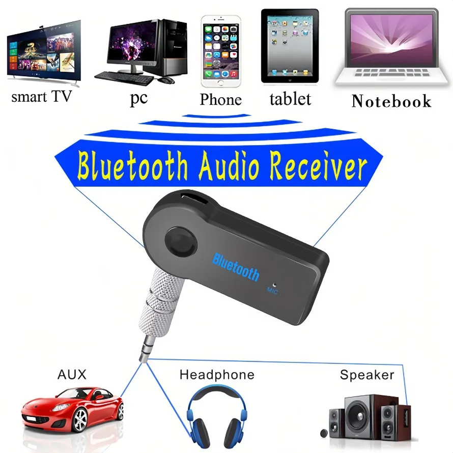 Adattatore Bluetooth AUX per auricolari per auto Altoparlanti Ricevitore audio Bluetooth wireless Chiamata in vivavoce Kit per auto con AUX 3,5 mm