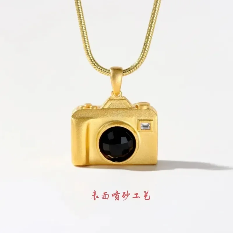 Spice girl camera necklace female niche retro personality high-end Internet celebrity pendant sandblasted silver obsidian