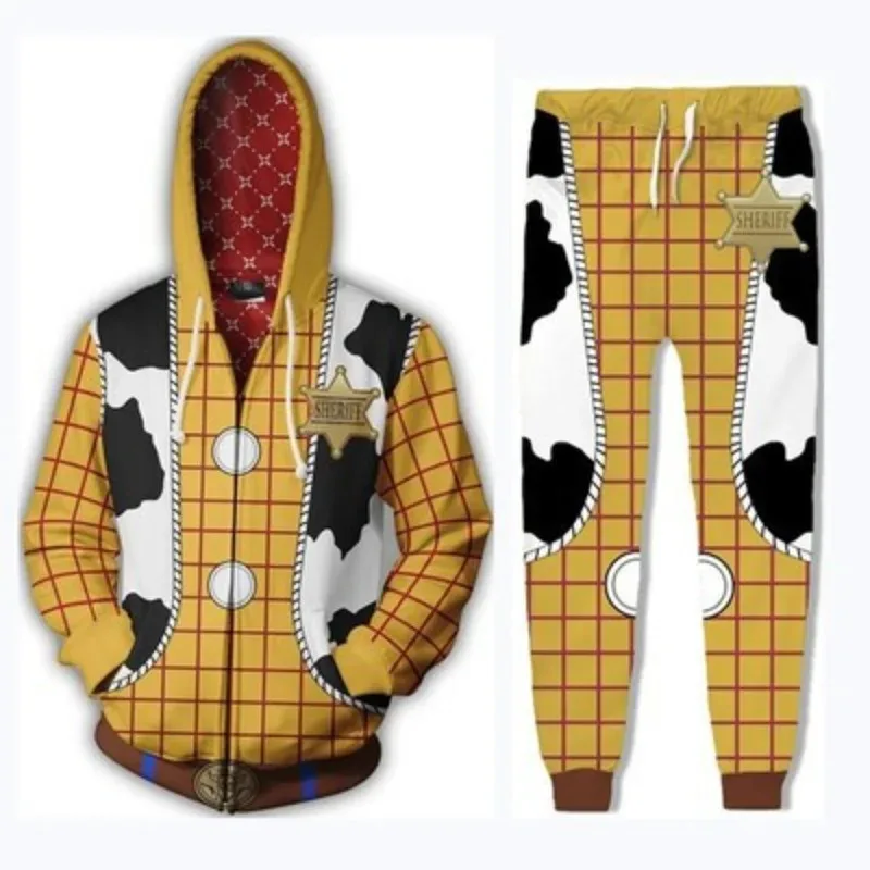 

Movie Toys Woodi Hoodies Adult Cartoon Hooded Sweatshirt with Zipper Men Loose Coat Pants Women Anime Suit Halloween Party