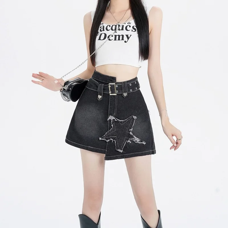 

Design Sense Irregular Denim Skirt Women Stars High Waist A-line Skirt Spice Girls Package Hip Mini Skirt Female