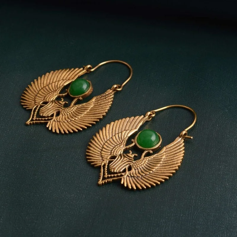 Vintage Egyptian Inspired Designs Sacred Wings Scarab Large Hoops Earrings Gypsy Tribal Women Gold Color Earrings Party Gift