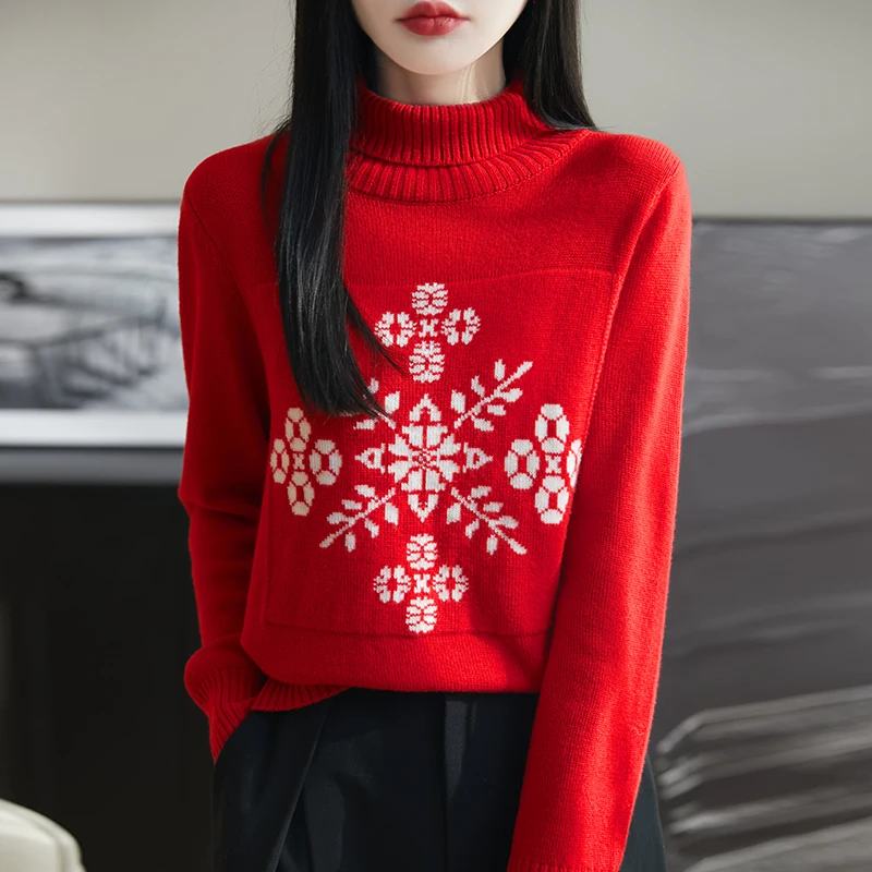 New 100% Pure Wool High Neck Knit Sweaters Autumn/Winter Vintage Loose Fit Snowflake Pattern Pullover Chic Streetwear for Women