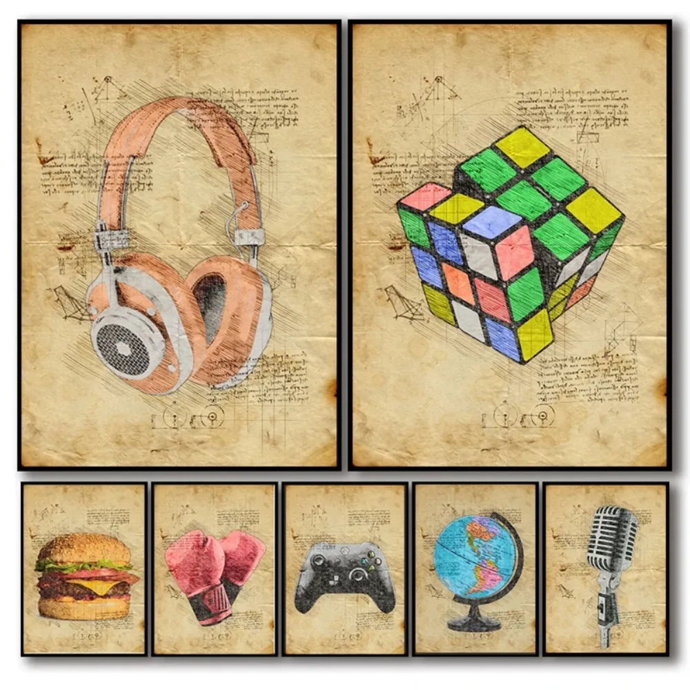 Retro Sketch Manuscript Rubiks Gamepad Headphone Poster Aesthetic Music Trophy Guitar Canvas Kitchen Wall Art Gamer Room Decor