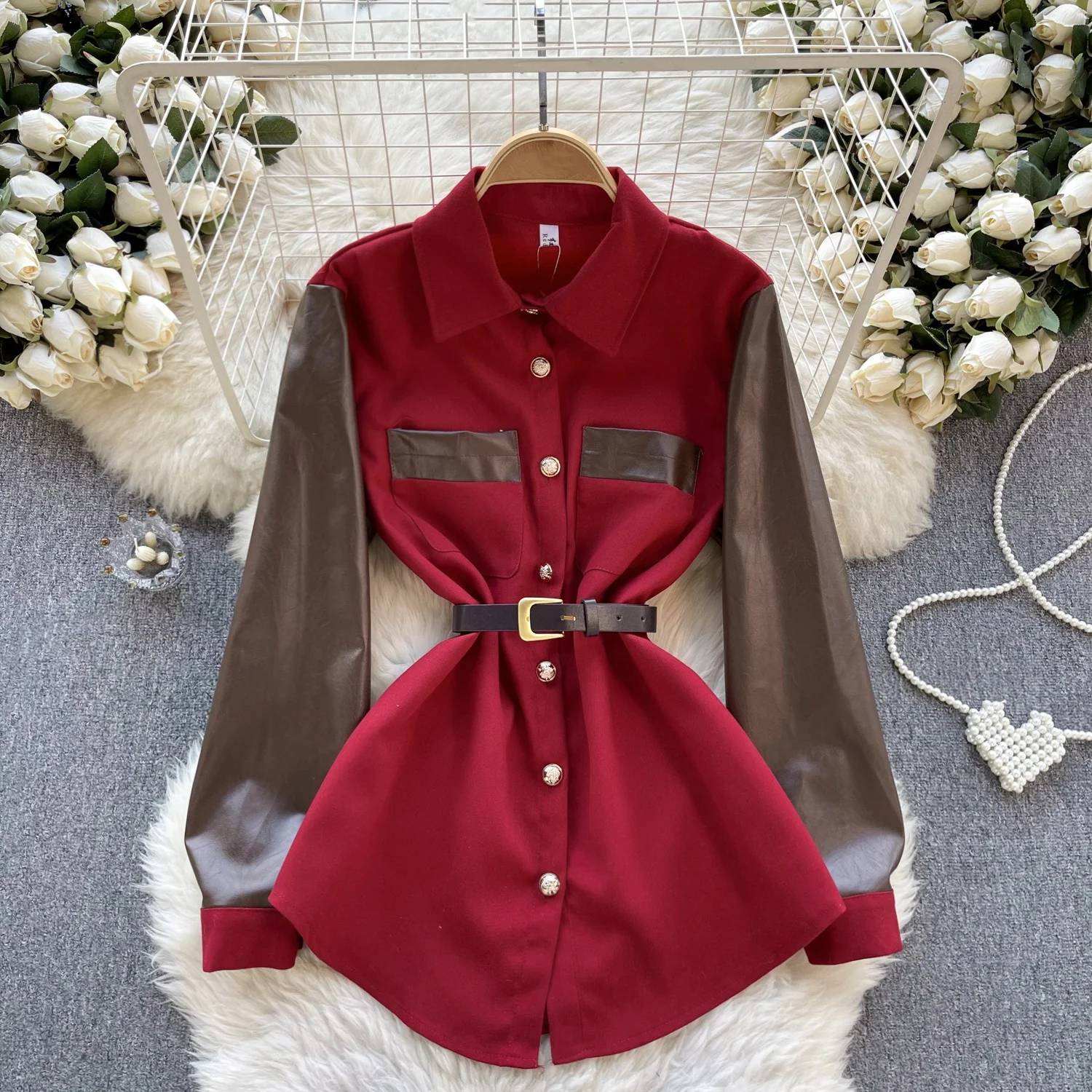 

Clothland Women Vintage Patchwork Blouse Belt Pocket Long Sleeve Spliced Shirt Office Wear Fashion Jacket Coat Tops LB088