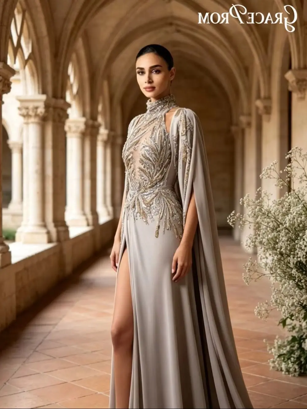 

2026 Luxury Dusty Taupe Evening Dress Elegant High Neck Cape Sleeve Mermaid Prom Gown With Beaded Embroidery فساتين سهرة