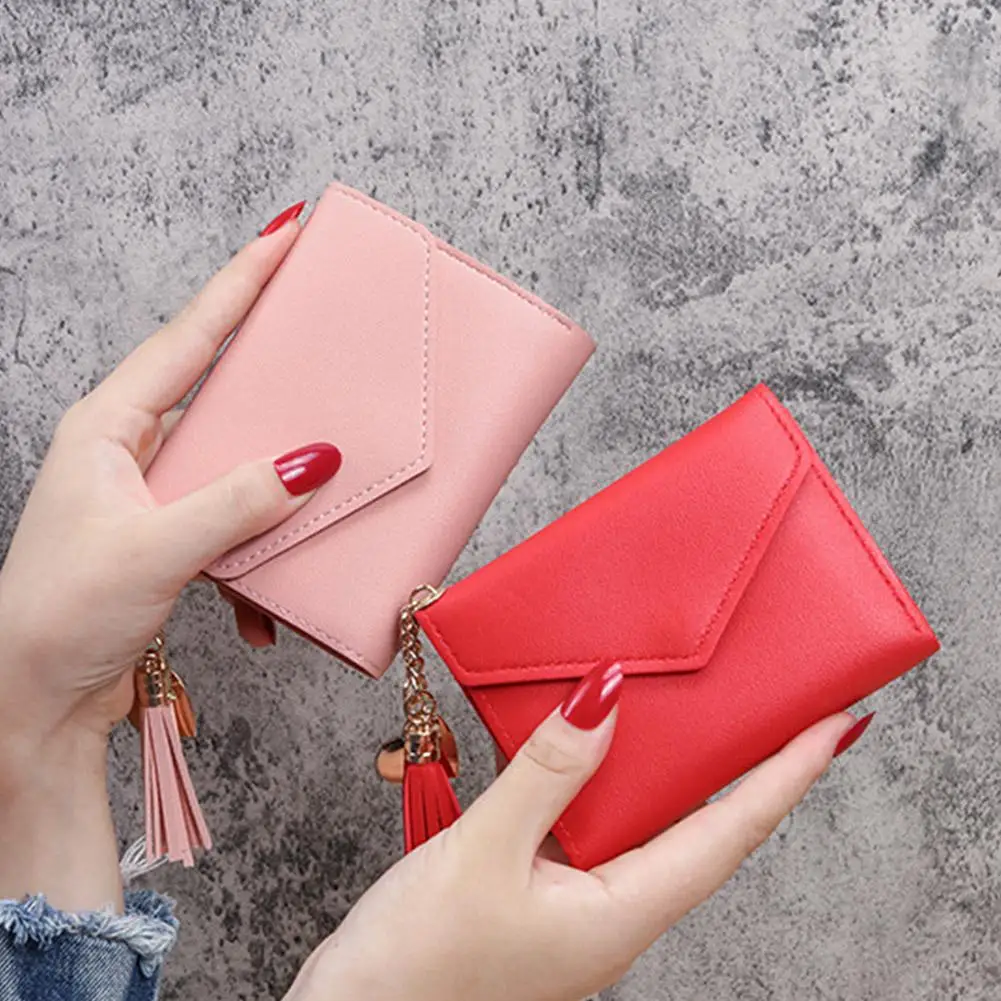 محفظة نسائية عصرية مع شرابة أنثى قصيرة محافظ صغيرة للطلاب حامل بطاقة جلدية جميلة ومحفظة للعملات المعدنية