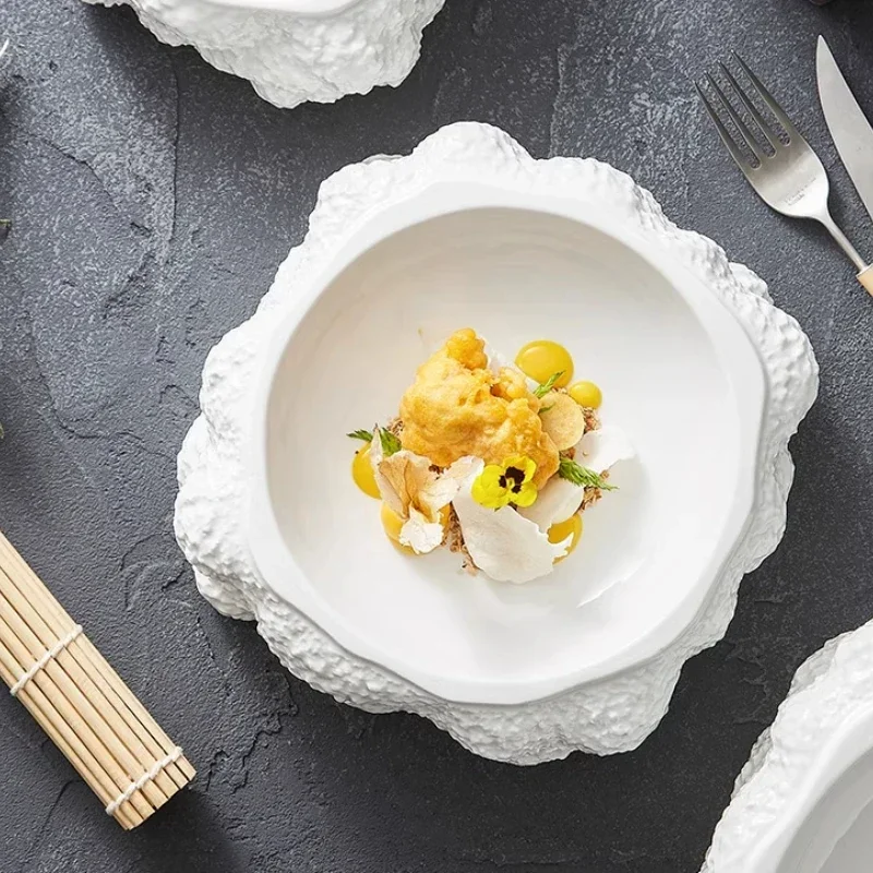 White Double-layer Ceramic Western-style Dish Dining Room Special-shaped Insulation Salad Bowl Dessert Snacks Dishes Tableware