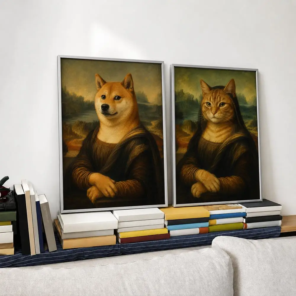 Pattern Mona Lisa Cat Dog Parody Poster Self‑Adhesive Waterproof PP Poster Coffee House Bar Wall Art Sticker Room Home Decor