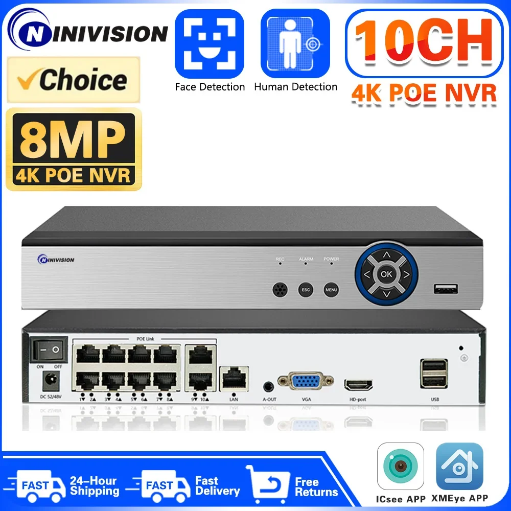 10CH 4K 8MP H.265 PoE NVR Recorder For HD 4K 3MP 4MP 5MP PoE IP Camera Human Face Detection 48V P2P Video Surveillance POE NVR