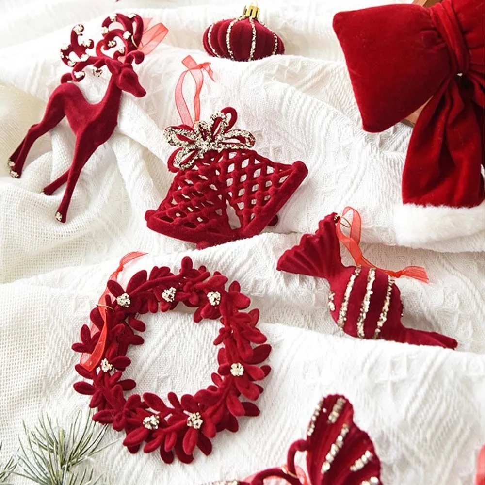 Flocado veludo natal bowknot pingente floco de neve sinos doces cana floco de neve rena pingente requintado vinho tinto