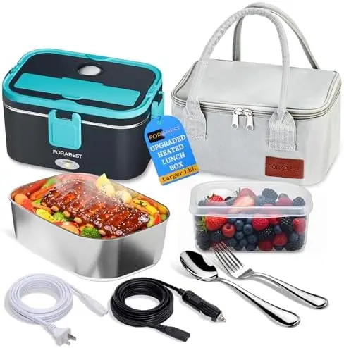 

FORABEST 80W Heated Lunch Box - 1.8L Portable Food Warmer with Carry Bag, Leakproof Lid & Utensils - 12V/24V/110V