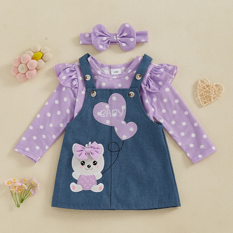 طفلة 3 قطعة مجموعة دوت كشكش كم طويل رومبير الدب القلب فستان عام القوس عقال ربيع الخريف وتتسابق