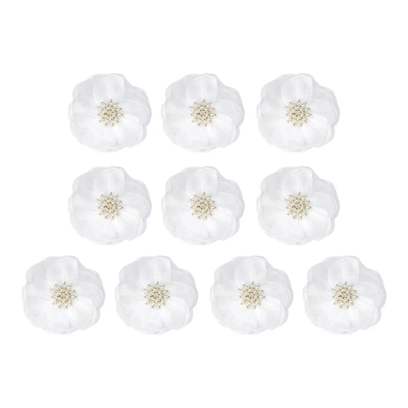 Craft Flower Decorations with Layered Organza Construction and Center Clusters, Set of Ten for Garment and Hair Accessory Y08E