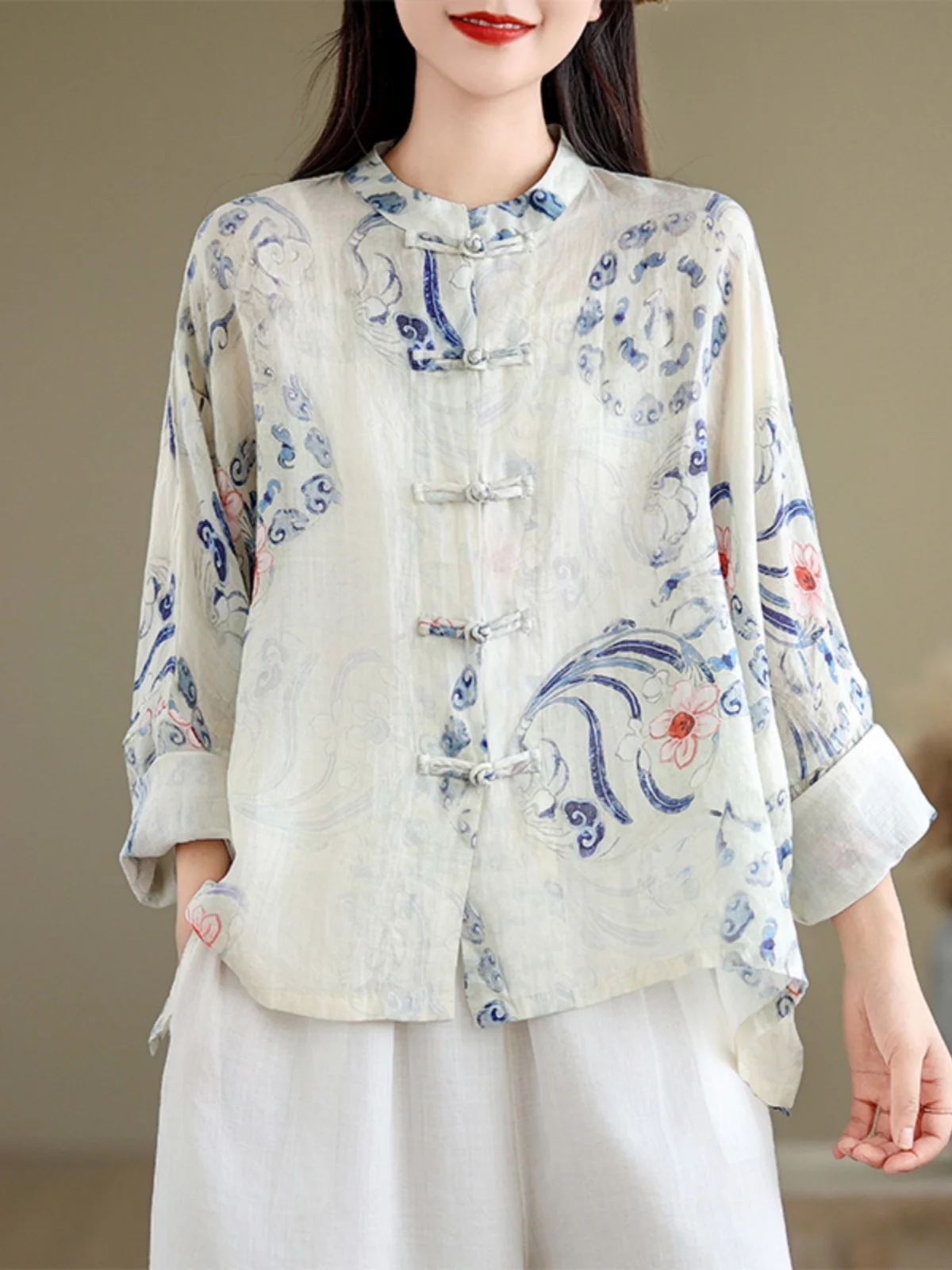 

Женская рубашка свободного кроя, летняя коллекция 2024, в китайском национальном стиле, из бамбукового шелка, с принтом, на пуговицах, стройнящая, с защитой от солнца, для повседневной носки