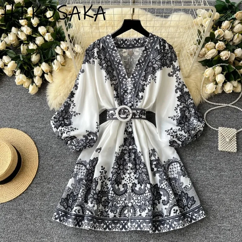 

V Neck Lantern Sleeve Simple Women Dress Vintage Print Casual Robe French Style High Waist Belt Slim Fit A-line Vestidos Mujer