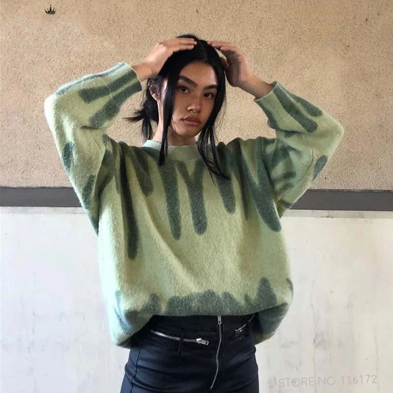 Elegant Green Striped Print Oversized Pullovers Women Winter O-Neck Loose Long Sweaters Streetwear Warm Outerwear 2024