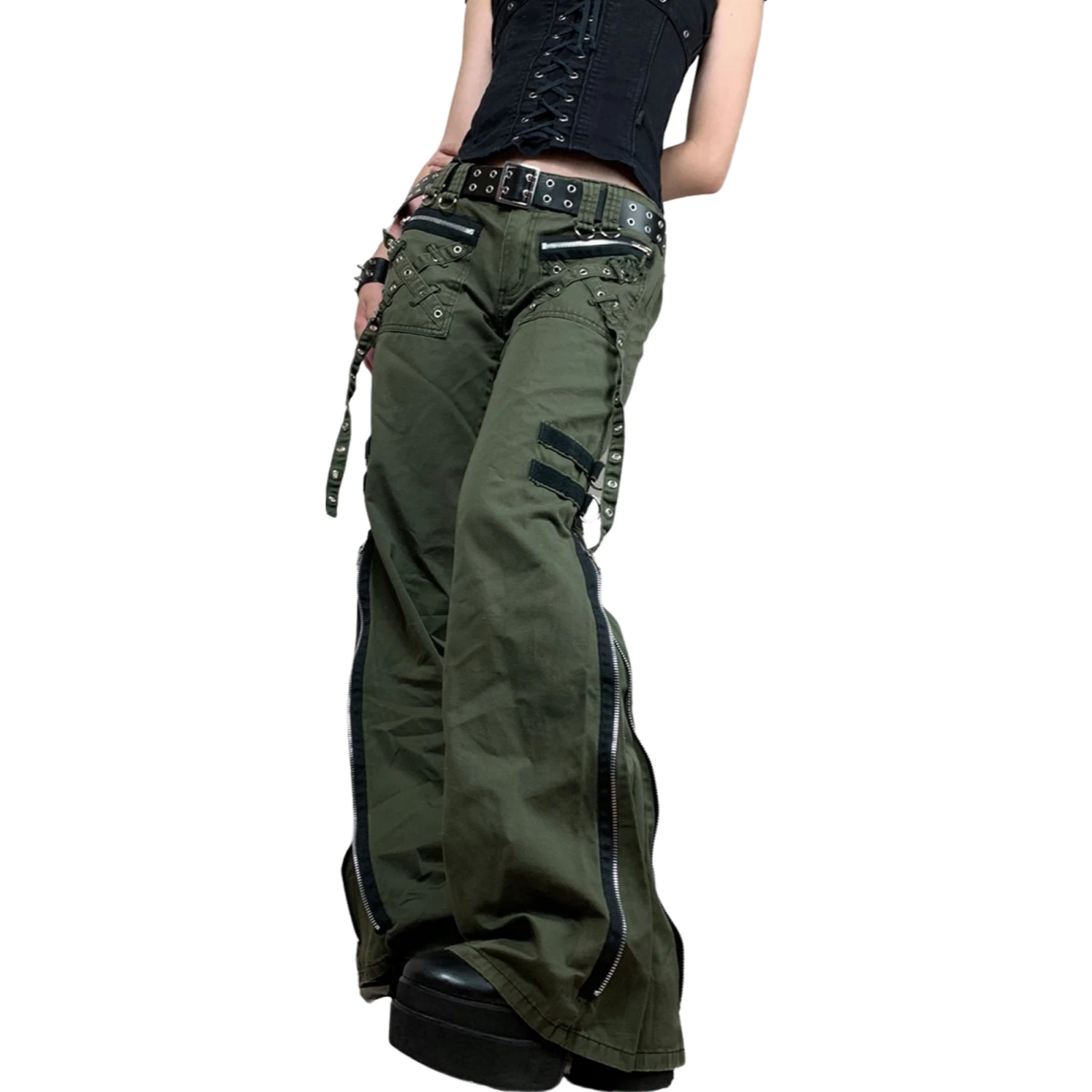 Y2k Women's Clothing Autumn Trendy Vintage Cargo Pants, Punk Low-Waist Zipper Fly Casual Daily Pants with Pockets Streetwear