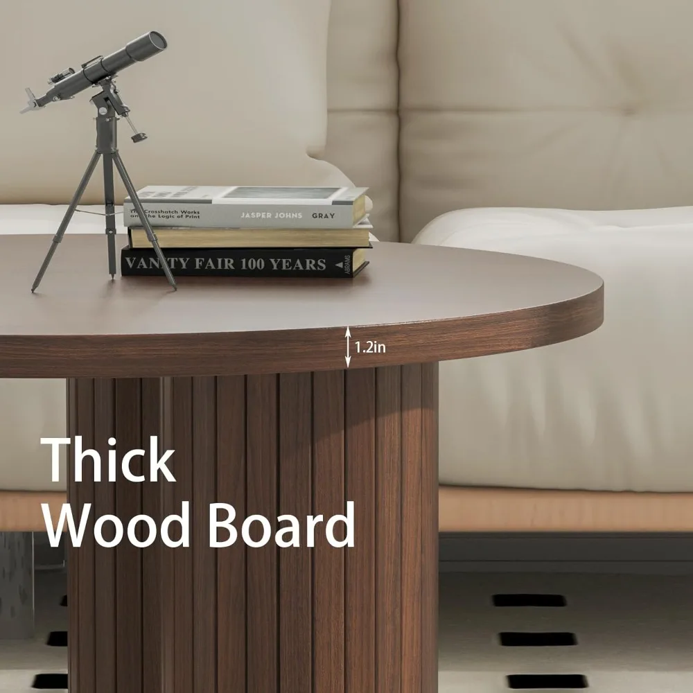 Table basse ronde de 31,5 pouces, table de salon ronde en bois avec trois pieds cannelés, table basse moderne du milieu du siècle, adaptée