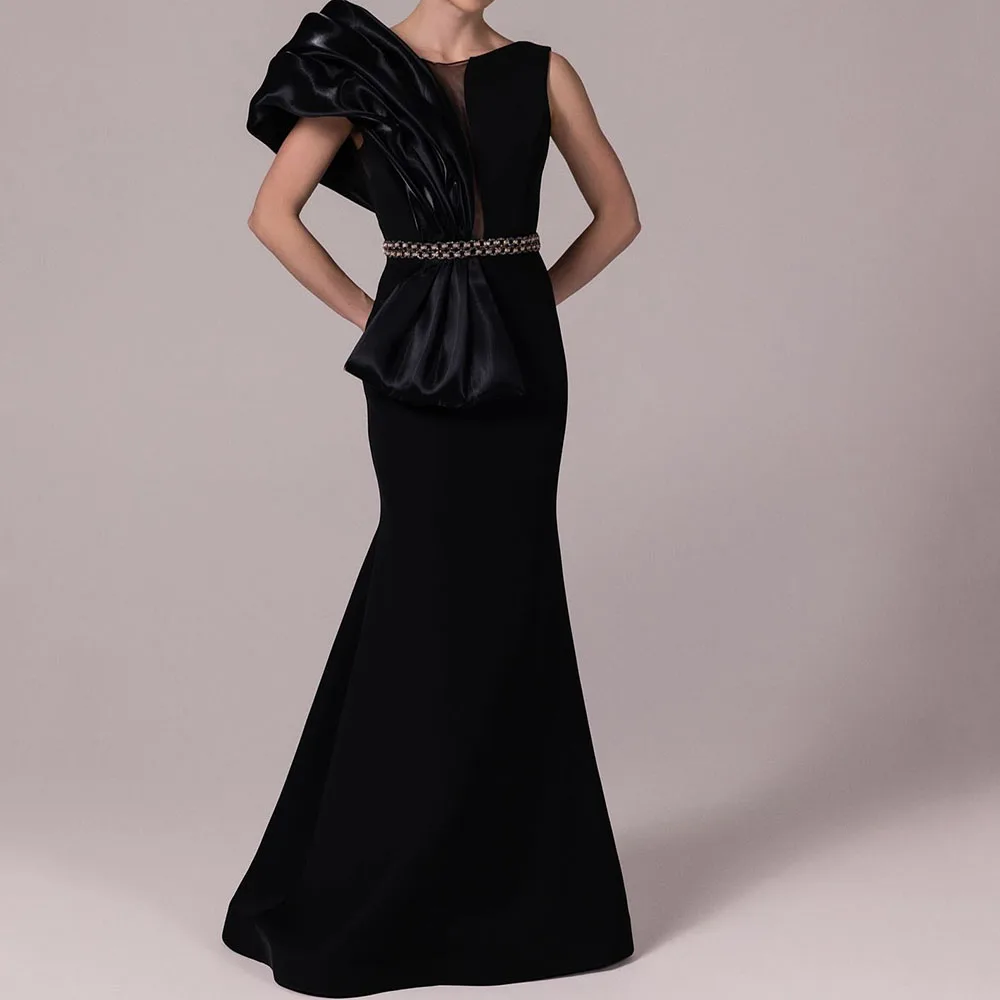 

Customized A-line Evening Dresses Floor-length Scoop-neck Sleeveless Prom Gown Simple Fashion Pleat Draped Backless Party Gown
